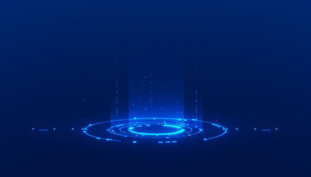 Abstract blue futuristic technology with glowing ring projecting hologram portal on artificial intelligence background