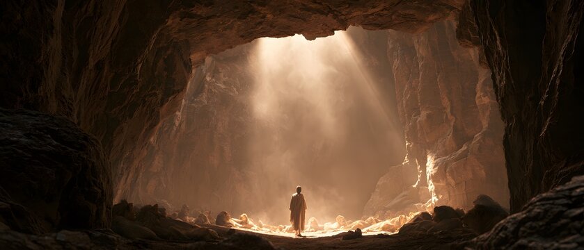 A lone figure standing inside a dark cave illuminated by a dramatic shaft of light from above