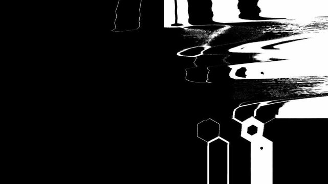 Modern black and white glitch hexagon luma matte transitions with distorted honeycomb pattern wipes for cyberpunk video edits and sci-fi cuts.