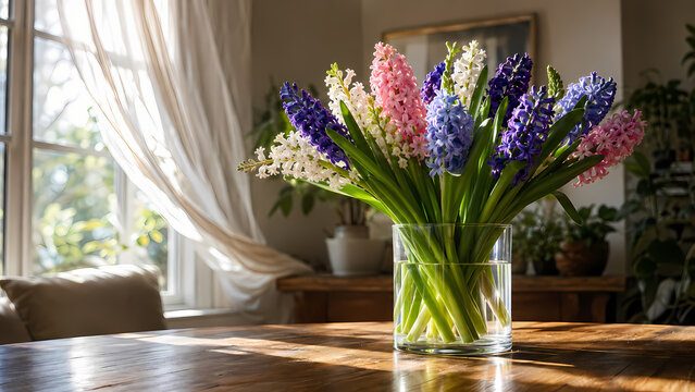 Colorful pink, blue, purple and white hyacinths arranged in a clear glass vase on a sunlit wooden table beside a bright window with flowing sheer curtains and indoor greenery