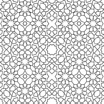 Monochrome Islamic Star Tessellation, Islamic pattern, Islamic geometric pattern, star tessellation, geometric ornament, seamless pattern, monochrome pattern, black and white, Islamic art, Arabic desi