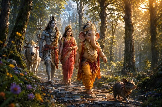 Lord Ganesha Ganesh Ganpati Bappa with Shiv Parvati in a Sacred Celebration of Ganesh Chaturthi, Gauri Puja and Maha Shivratri