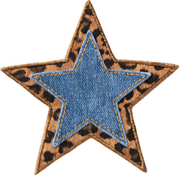 Denim star patch with leopard print border, embroidered design ideal for fashion, textile applications, craft projects, or scrapbooking, on a transparent background