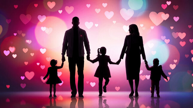 Silhouette of a loving family holding hands against a glowing pink background with floating hearts