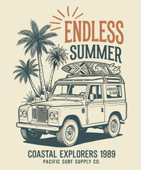 Obraz premium Endless summer surf design. Vintage off road vehicle. Coastal explorer graphic print