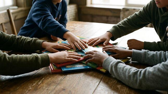 Group of Boys Reaching for Books Together on a Wooden Table in a Cozy Room Interior