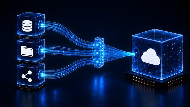 Cloud data storage and transfer concept with glowing cubes connected via high speed fiber optic cables representing big data processing and enterprise cloud computing architecture