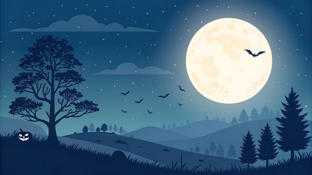 Halloween night background with full moon, flying bats and spooky forest landscape vector