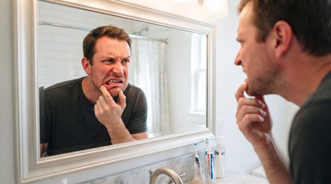 Man wincing in pain while inspecting his teeth and gums in a bathroom mirror for oral health concerns