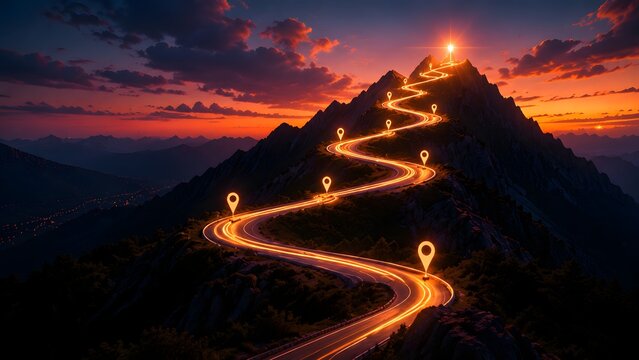 Glowing winding mountain road with location pins leading to a bright peak representing business roadmap success journey and strategic navigation towards future goals