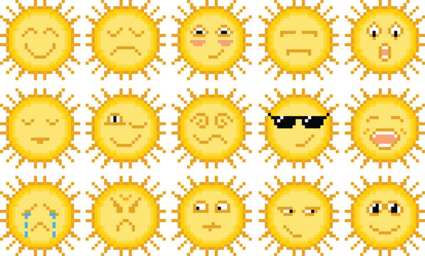 Pixel art sun emoticons set, retro 8-bit style sun emoji collection with 15 different facial expressions, cute yellow sunshine characters vector