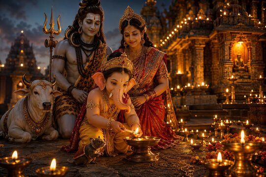 Lord Ganesha Ganesh Ganpati Bappa with Shiv Parvati in a Sacred Celebration of Ganesh Chaturthi, Gauri Puja and Maha Shivratri