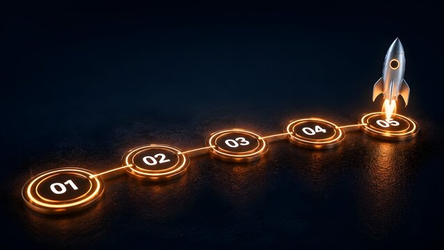 Five step business launch process roadmap with sequential glowing podiums and rocket lift off illustrating startup growth strategy