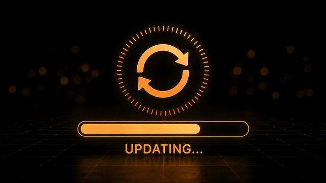 Glowing orange digital progress bar with update icon for software installation and system upgrade