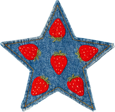 Blue denim star patch with five bright red embroidered strawberries, detailed stitching and vintage inspired applique for crafts, scrapbooking, sewing projects, isolated png background