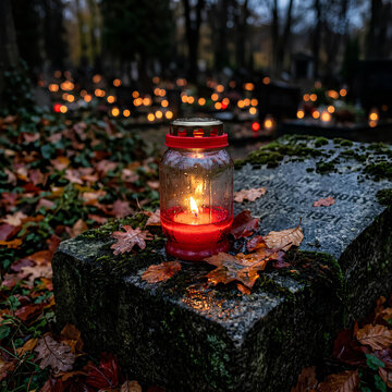 Grave Lantern Candle at Cemetery with Autumn Leaves and Bokeh Lights