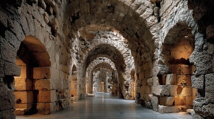 Fototapeta premium Ancient Stone Tunnel Passage with Arched Ceilings and Warm Lighting.
