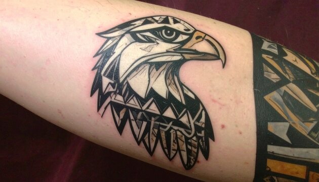 Striking tribal style tattoo of a majestic eagle's head etched onto an arm, showcasing intricate geometric patterns and powerful symbolism