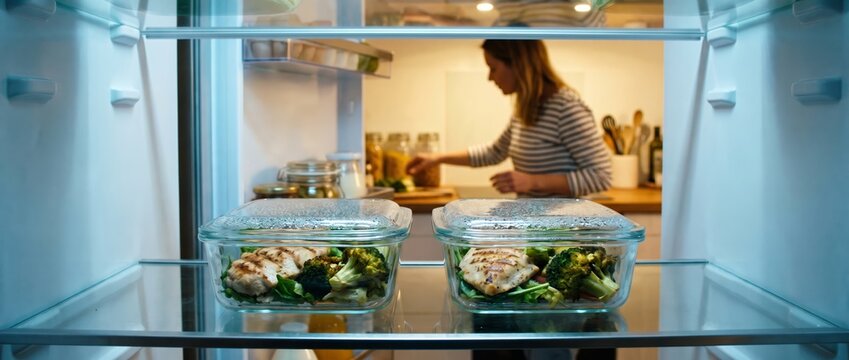 Fresh salads stored in refrigerator for convenient weekly meal prep. Concept of healthy routine, portion planning and nutritious food storage.