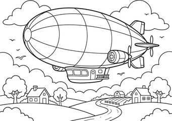Coloring page of a large vintage zeppelin airship flying in the sky over a peaceful rural landscape with hills and houses also transparent background © PixelSaga MH2 
