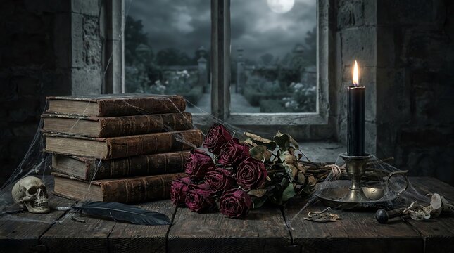 Mysterious Still Life of Antique Books, Dried Roses, and Candle by Moonlight