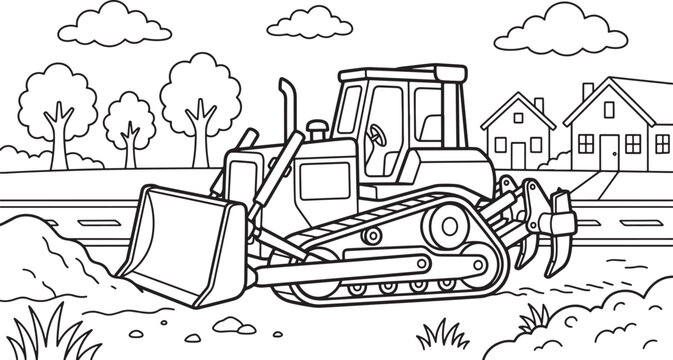 Coloring page of a crawler dozer tractor with tracks working on a construction site near rural houses also transparent background