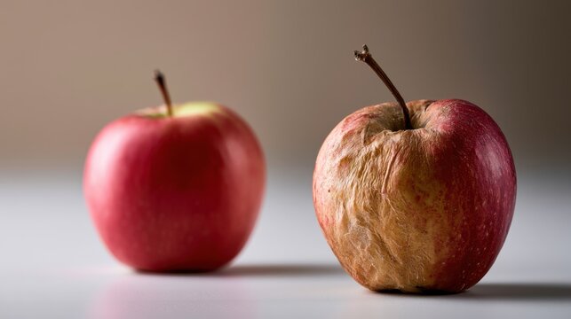 A fresh red apple sits next to a shriveled, old apple, representing the contrast between youth and aging