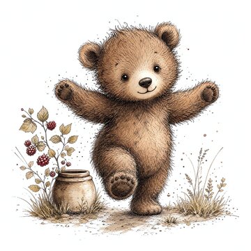 Scruffy Storybook Bear Cub Toddling With Outstretched Arms