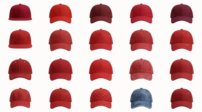 Collection of red baseball caps arranged in rows with one denim cap for contrast isolated on white background
