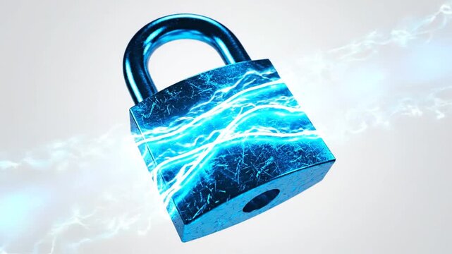 Digital blue padlock with glowing energy lines on white background