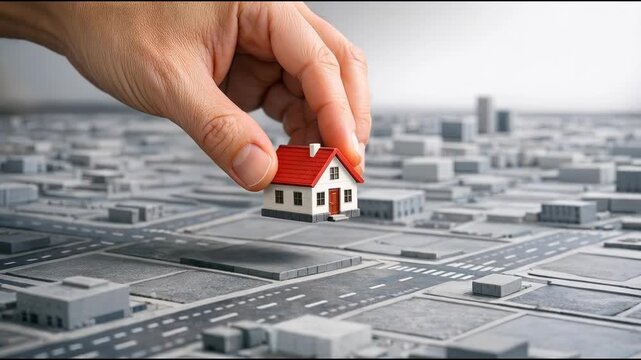 A person holding a miniature house above a city model, likely for display or storage
