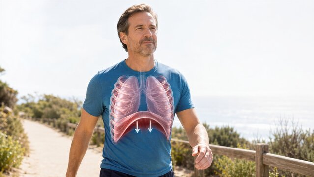 Man walking outdoors with visible anatomical lungs and diaphragm illustration. Healthy breathing and respiratory system function