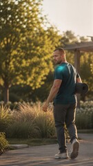 Obraz premium Man with highlighted shoulder pain walking in park with yoga mat. Shoulder joint injury and muscle ache concept. Sports injury, physiotherapy and orthopedic health for fitness and medical design.