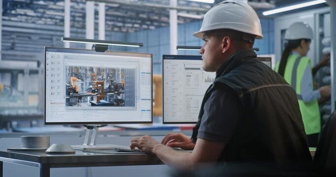Male Engineer Wearing Helmet Tracks CAD Diagrams and Performance Data on Screen inside Automated Plant. Smart Robotics Technology Empowers Efficient Cyber Physical Factory Control. AI Manufacturing.