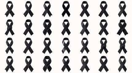 Fototapeta premium Collection of black mourning ribbons arranged in a grid pattern during a somber occasion isolated on white background