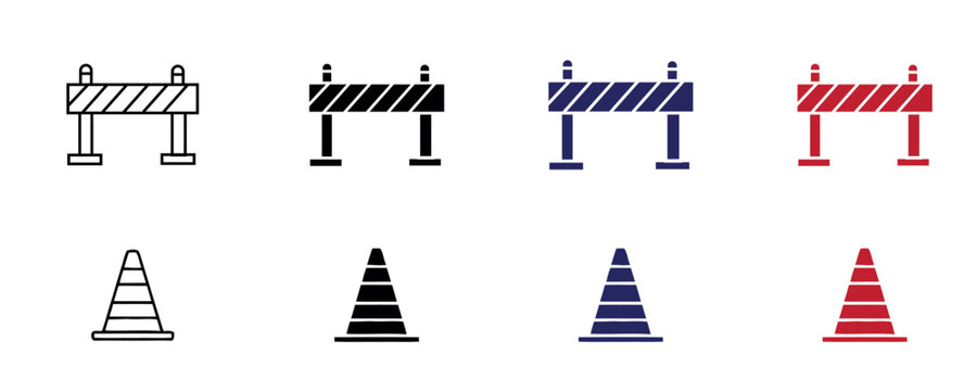 Assortment of traffic and construction barriers including barricades and cones in outline, solid black, blue, and red variations for safety signage.