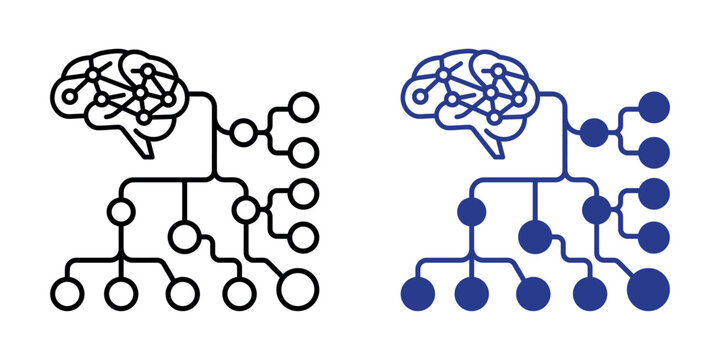 Artificial intelligence and machine learning flowchart with human brain silhouette and neural network connection nodes representing data processing and deep learning logic.