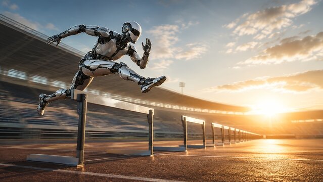 Futuristic humanoid robot athlete jumping over hurdles on stadium track at sunrise, symbolizing AI innovation, high performance, and overcoming obstacles