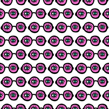 Seamless eye pattern with bold lashes and pink iris on pastel background, perfect for fashion textiles, trendy decor, and playful digital designs. Hand drawn illustration