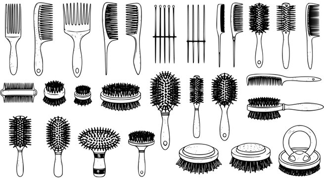 Hairdressing Tools Collection: Detailed Line Art of Various Combs, Brushes, and Styling Equipment. Professional Grooming and Beauty Essentials Vector Set.