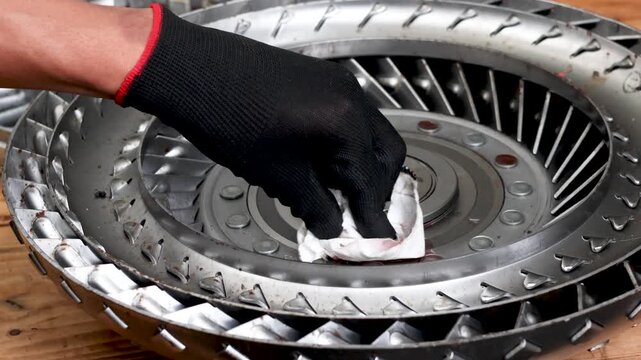 Mechanic hands in gloves wiping and cleaning transmission fluid from torque converter turbine during overhaul.