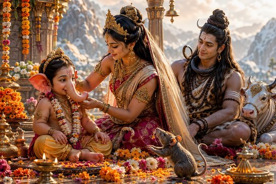 Ganpati Bappa Morya with Shiva and Parvati &ndash; Divine Hindu Family Celebration for Ganesh Chaturthi, Sankashti Chaturthi and Shivratri