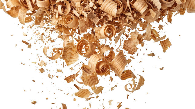Natural pine wood shavings and sawdust falling downwards top border frame overlay isolated on transparent background.