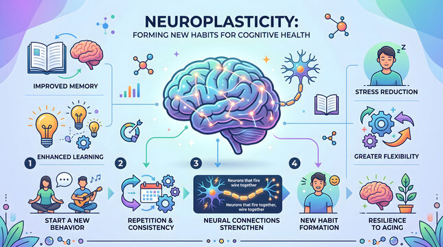 Brain infographic explaining neuroplasticity and habit formation features colorful diagrams and icons.