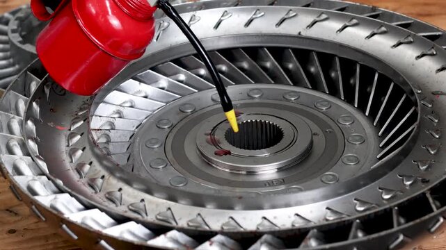 Applying transmission fluid to torque converter thrust bearing and turbine hub using red oil can.