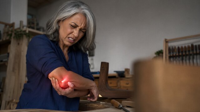 Mature woman carpenter suffering from elbow pain while working in woodworking workshop. Joint inflammation highlighted in red. Arm injury, arthritis and muscle strain. Health and safety concept