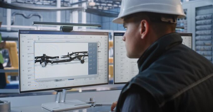 Professional Caucasian Operator Monitors Automated Assembly Line Graphics and Telemetry Metrics on Desktop Computer. Futuristic Industrial Robotics Streamlines Automated Vehicle Manufacturing Plant.