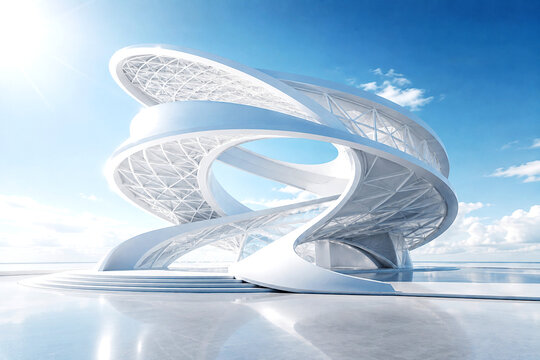 Edificio futurista en espiral blanco, helicoidal moderno, innovador, geom&eacute;trico y brillo con escaleras, formas nuevas e infinitas vanguardista 3D renderizado cielo azul del futuro blue sky background