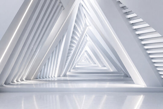 Triangular geom&eacute;trico y futurista arquitectura tri&aacute;ngulo moderno laberinto infinito blanco con sombras, luces y profundidad de pasillo futuristic geometric triangle future light and shadow minimalist