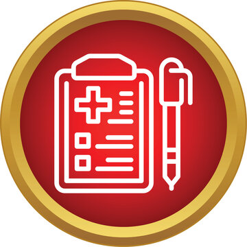 Medical clipboard displaying a health record form with a pen, featuring an icon inside a red circle